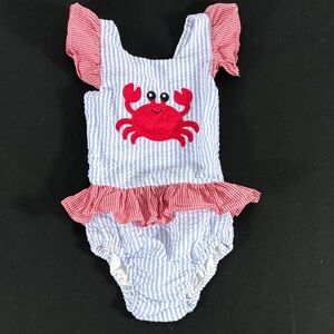 Red Crab Applique Girls' One-Piece Swimsuit with Red Gingham Ruffles